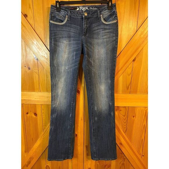 Rock 47 by Wrangler Low Rise Bootcut Dark Wash Jeans Distressed Size 32 READ (88 - Picture 1 of 8